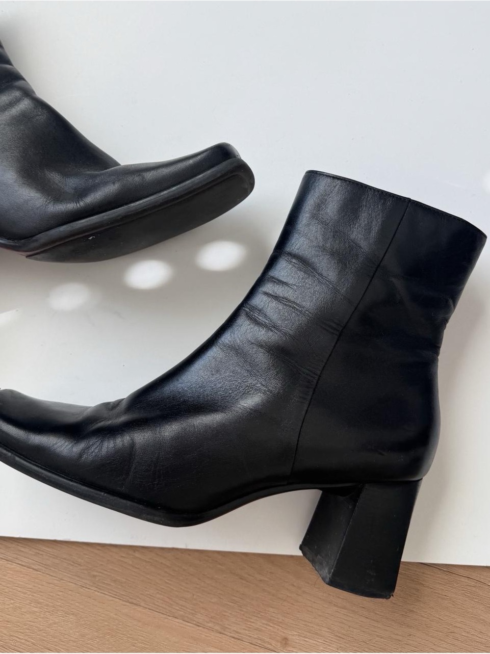 Vintage 90s Black Leather Ankle Boots 9 Square Chunky Heel Nine West - Picture 2 of 6